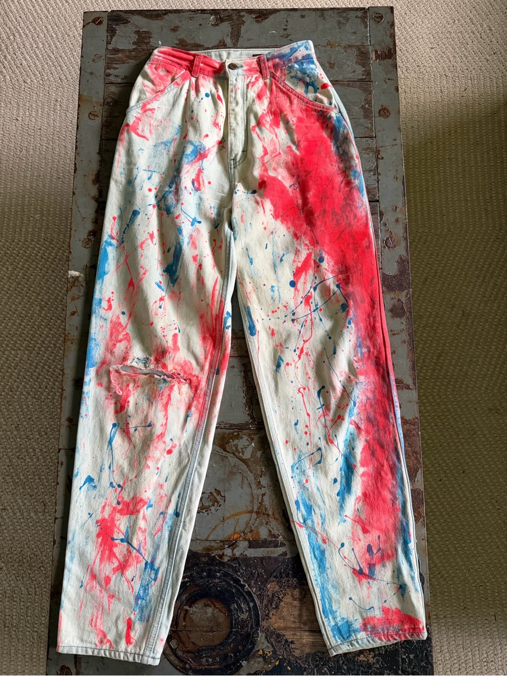 OOAK 212 Exchange High Rise White Denim with Neon Pink & Blue Splatter